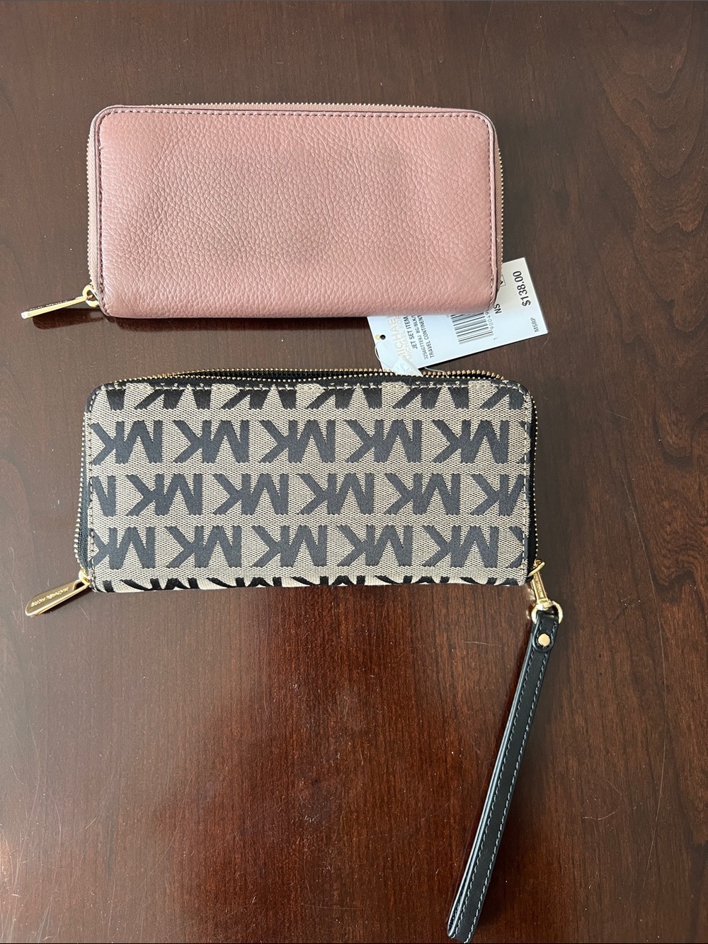 Michael Kors Pink Leather Zip Wallet and black MK Logo Wristlet Set - Picture 4 of 4